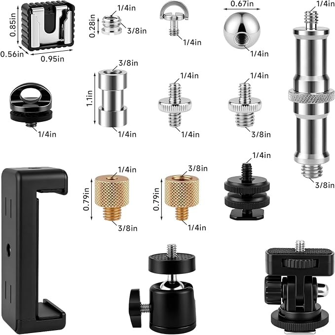 30Pack Camera Tripod Screw Mount Kit, 1/4" & 3/8" Camera Screw Adapter | with Ball Head, Cold Shoe Mount, Phone Clamp, Flash Hot Shoe Adapter for Camera, Tripod, Ring Light, Mic & LED Video Light - Image 2