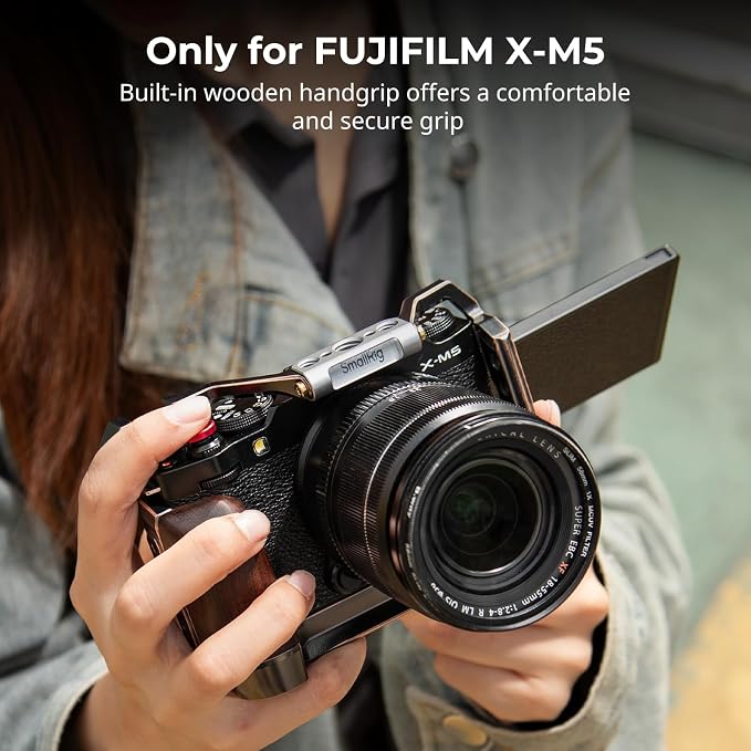SmallRig Retro Cage for FUJIFILM X-M5, Built-in Wooden Handgrip and Quick Release Plate for Arca, Included Windshield/Hot Shoe Cover/Shutter Release Button - 4892 - Image 2