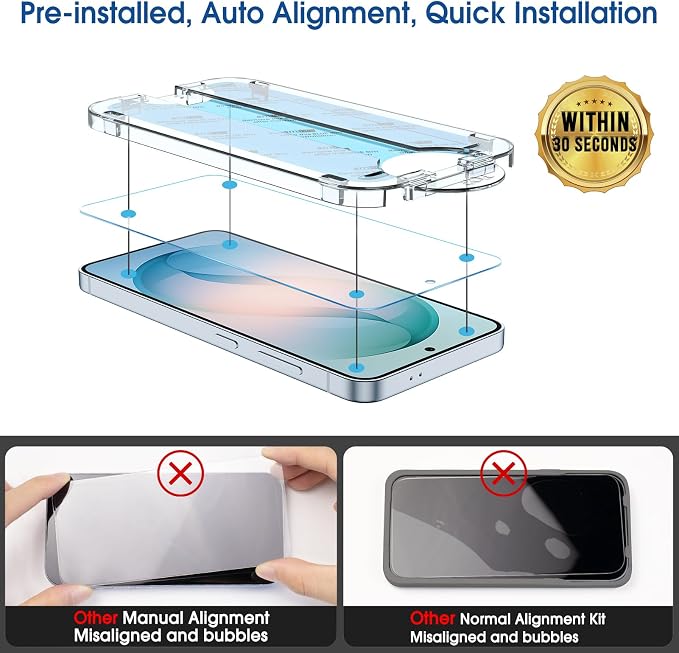 amFilm OneTouch for Samsung Galaxy S26 Screen Protector 6.3" Tempered Glass | Auto-Alignment 30s Install with Camera Lens Protector, Bubble Free, Case Friendly, Anti-Scratch [2+2 Pack] (S26-6.3'') - Image 3