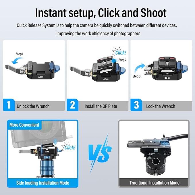 SIRUI QC-55 Quick Release Plate and Clamp, 55mm Camera Mount Adapter | 1/4" & 3/8" Threads, Tripod, Monopod, DSLR, Stabilizer, Quick Release Mount, Camera Rig Compatible - Image 4