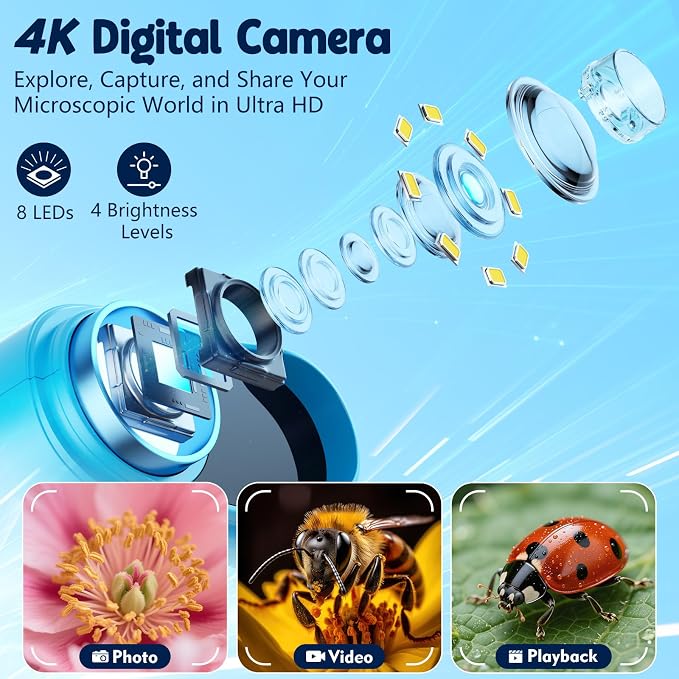 Odatay 4K 1000X Digital Microscope for Kids with 32G Card, Long Distance Viewing & 2.4" Screen Portable Handheld Edu Toys for Age 3-12 Exploring Bugs Plants at Home Classroom & Outdoor Travel, Blue - Image 3