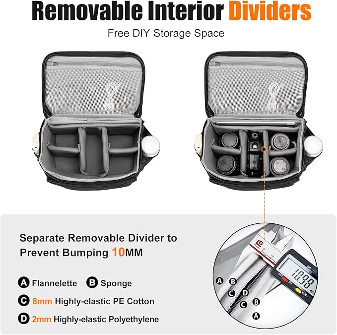 Cwatcun Camera Crossbody Shoulder Messenger Case, DSLR/SLR/Mirrorless Travel Photography Sling Bag with Tripod Holder and Rain Cover for Canon, Nikon, Sony, Fuji Cameras, Lens and Accessories | Fits 1DSLR+3 lenses+12.9" iPad+tripod. 18mm EPE foam, adj ... - Image 3