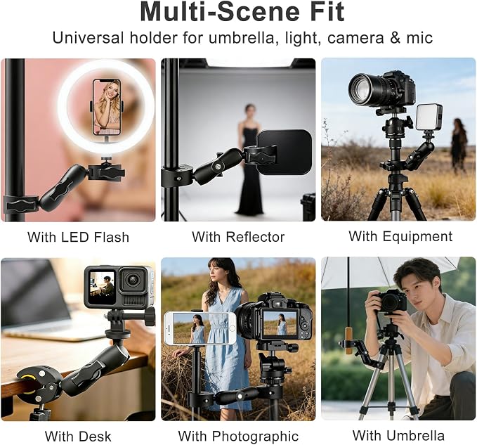 Double Super Clamp Mount with 360° Magic Arm Dual 1" Ball Mount Adapter, Multi-Functional Crab Clip, Umbrella Holder Camera Pole Bracket for Tripod Rod Monitor Magic Light Stand Motorcycle Accessories - Image 9