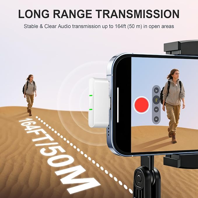 EX Wireless Lavalier Microphone System, Dual Clip-On Mics + Charging Case, 164ft Range Plug-and-Play for iPhone/Android, Advanced Noise Reduction, 48H Runtime-Video Recording, TikTok, YouTube, Pink - Image 5