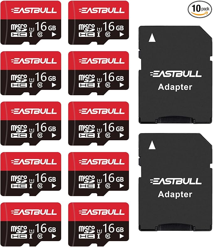 EASTBULL 16GB 10-Pack of Micro SD Card Class 10 UHS-I U1 SDHC SD Cards Pack | 90MB/s Full HD Video Memory Cards 16G for Surveillance Security Cam (10 Units, 2 Adapters) by EASTBULL