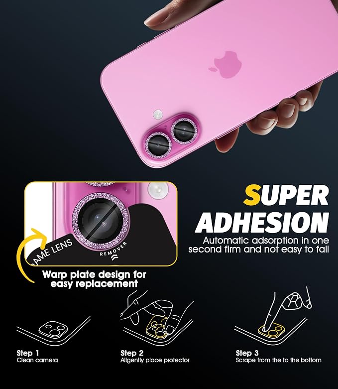 Orzero (3 Sets) Camera Lens Protector Compatible for iPhone 17 6.3”/16 6.1”/16 Plus 6.7“, Protector de Cámera Bling One-Step Installation Individual Metal Ring Case Friendly - Pink - Image 6