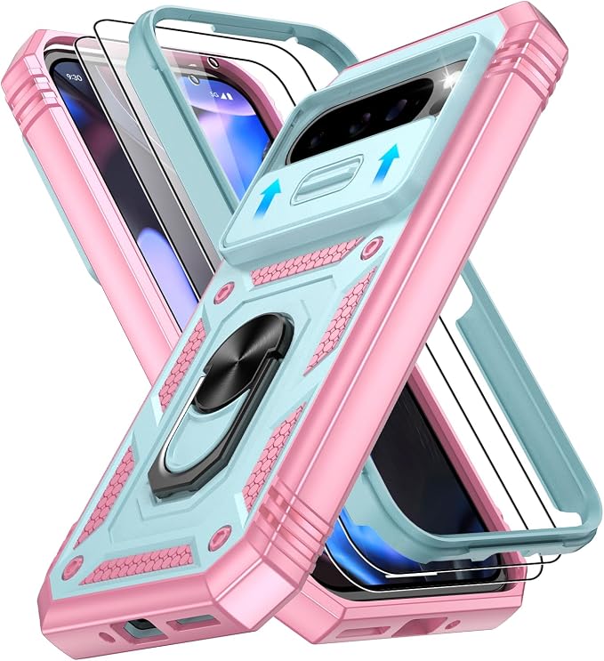 Gritup for Pixel 9/9 Pro Case Military-Grade Shockproof with Kickstand | with 2 PCS Screen Protector, Slide Camera Cover, Heavy Duty Outdoor Protection Funda para Google 9/9 Pro Cover Green+Pink by Gritup