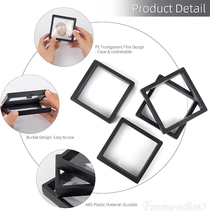 Framendino, 20 Pack Black 3D Floating Frame Display Case Challenge Coin 3.5x3.5x0.8 Holder Stands Jewelry Storage Box for AA Medallion Shells Gems - Image 4