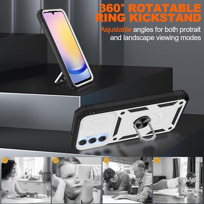 Fit for Samsung Galaxy A25 5G Phone Case with 2PCS Screen Protector, Build in 360° Rotating Ring Kickstand, Military Grade Protective Case for Samsung A25 Case Phone, White+Black - Image 7