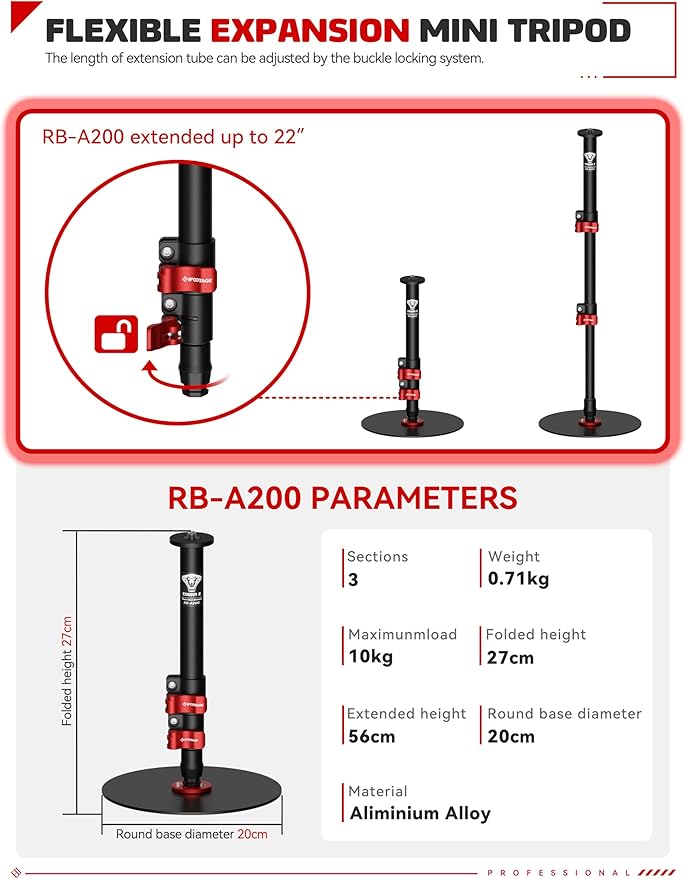 IFOOTAGE A200 Round Base Monopod 22" Desktop Mini Tripod | Aluminum Tabletop Small Tripod Compatible with DSLR Camera Light Webcam for Live Streaming Vlogging, Payload 10KG/22LBS - Image 6
