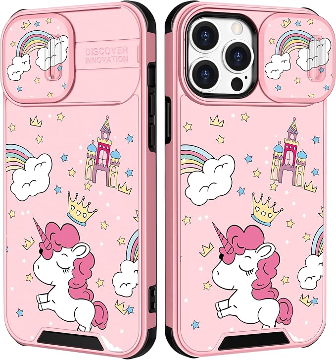 (2in1 for iPhone 12 Pro Max Case for Cartoon Kawaii Unicorn Rainbow Girly Phone Cover Cute Unique Design with Slide Camera Cover Protective Pink Cases for iPhone 12 ProMax 6.7'' by Goocrux