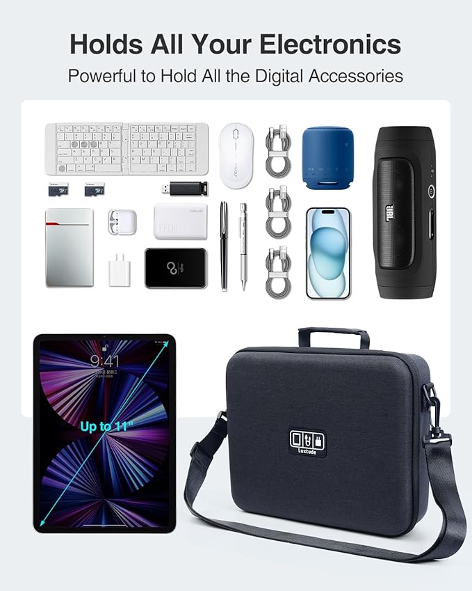 Luxtude Electronic Organizer Travel Case Large, Hard Case for Electronics, EVA Tech Organizers, Travel Cable Bag with Shoulder Strap, Charger Organizers Carrying Cases for iPad(Up to 11’’) - Image 5