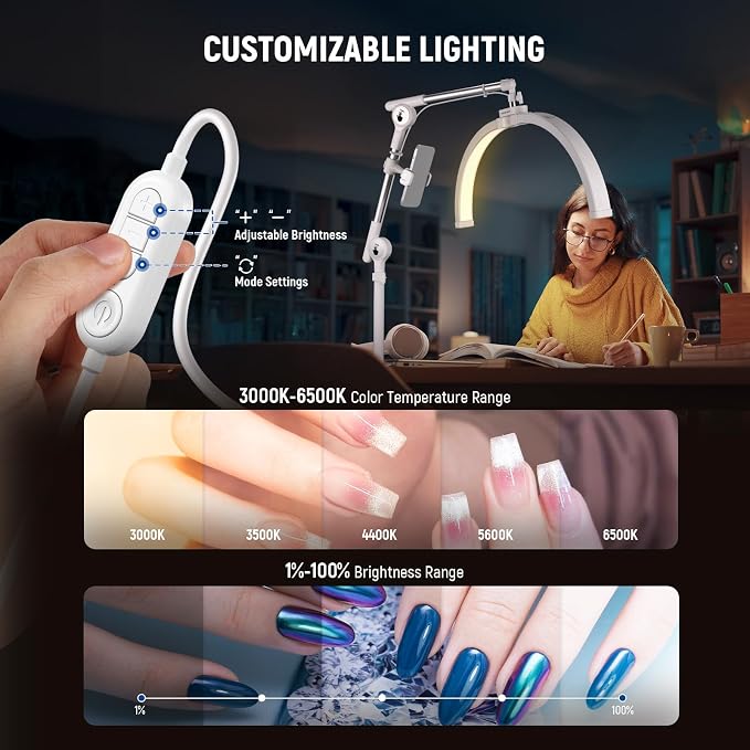 NEEWER Basics 22" Half Moon Lash Light with Articulating Desk Clamp Mount Stand/Phone Holder, 32W Foldable LED Nail Tech Table Arc Lamp for Makeup Beauty Tattoo Overhead Video Recording, HM03-D - Image 4