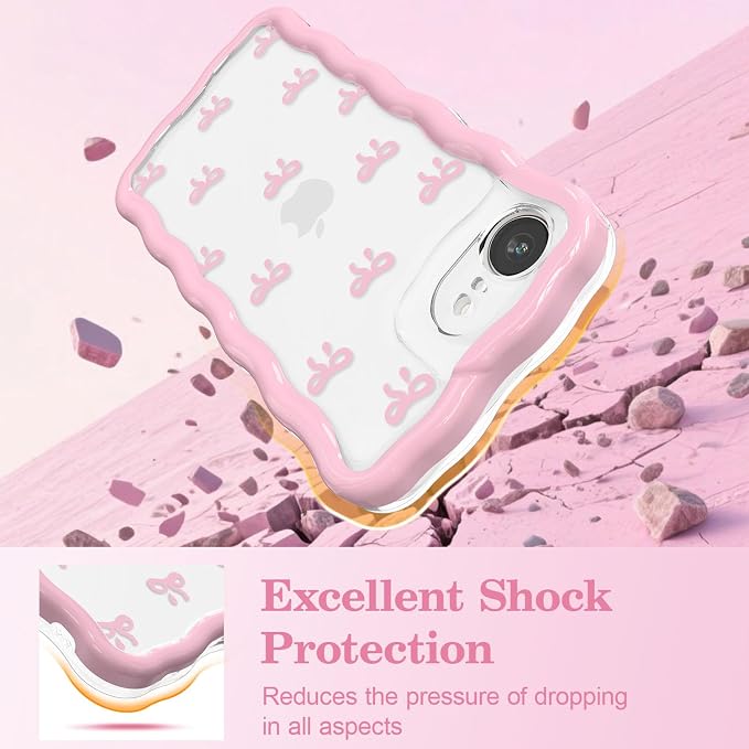QLTYPRI for iPhone 17e/16e Pink Bow Case, Clear Cute Pink Ribbon Bow Phone Case Curly Wavy Aesthetic Phone Cover, Soft Slim Transparent TPU Shockproof Protective Cover for Women Girls - Tiny Bow - Image 4