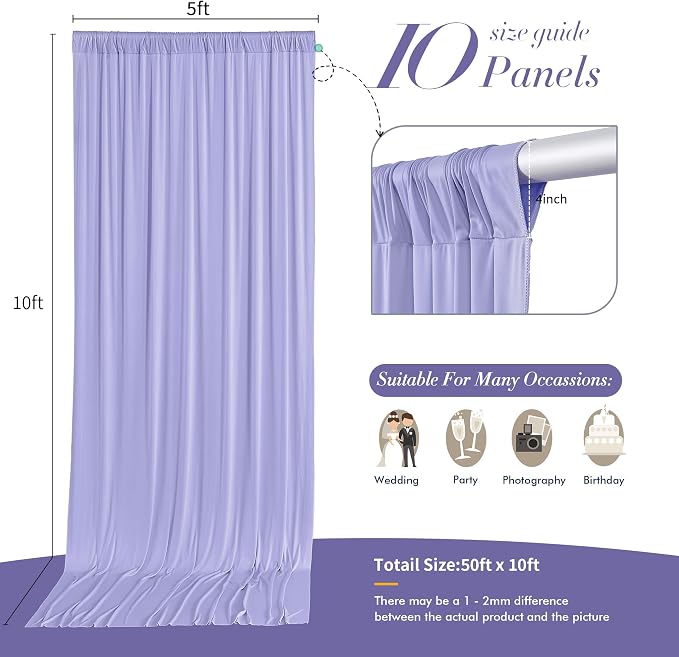 50 ft x 10 ft Wrinkle Free Lavender Backdrop Curtain for Parties, Polyester Light Purple Photo Backdrop Drapes 10 Panels 5x10ft for Baby Shower Photoshoot Wedding Birthday Party Photography Curtains - Image 5