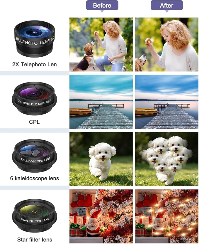 7-in-1 Cell Phone Camera Lens Kit, 15X Macro, 0.63X Wide Angle, 2X Telephoto, 198° Fisheye, CPL, Star & Kaleidoscope Filters, Compatible with iPhone, Samsung & Most Major Smartphone - Image 5