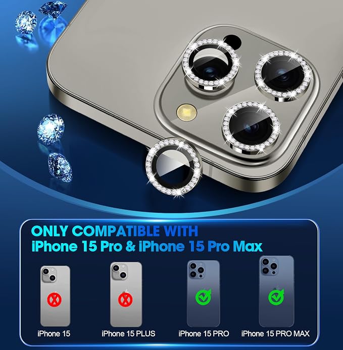 for iPhone 15 Pro/15 Pro Max Camera Lens Protector Diamond, Gray | Individual Metal, 9H Hardness, Scratch Resistant, Shockproof, Drop Protection, Case Friendly, Stylish Accessories - Image 2