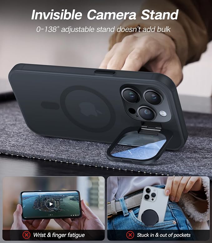 VOFATA for iPhone 14 Pro Max Case with Camera Cover Stand [Built-in 9H Camera Lens Protector][Fit for Magsafe] Military Grade Shockproof Translucent Matte Magnetic Phone Case 6.7", Black - Image 3