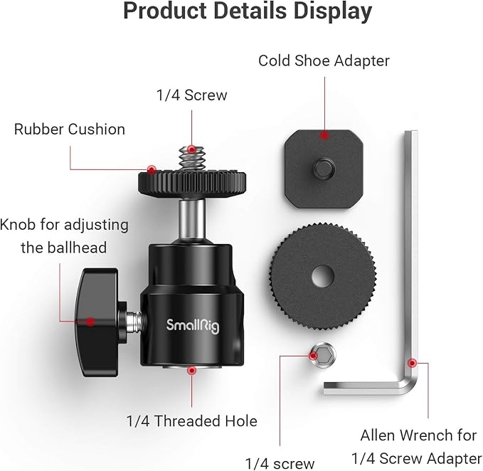 SmallRig 1/4" Camera Hot Shoe Mount, Ballhead Tripod with Additional 1/4" Screw, 2pcs Pack - 2059 | 1/4" Screw to Hot Shoe Adapter, Ballhead for 360° Adjustment, Includes Extra 1/4" Screw, 2pcs, Maximum Load 3kg - Image 5