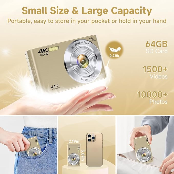 Digital Camera, 2026 FHD 4K Autofocus Digital Camera with 64GB SD Card 16X Digital Zoom, Gold Cameras for Photography Portable Compact Point and Shoot Camera for Teens Adult Kids Gift - Image 5