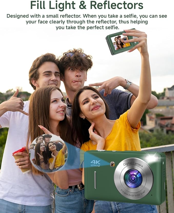Digital Camera for Kids, FHD 1080P 44MP Point and Shoot Digital Camera with Face Detect, Smile Capture, 16X Zoom, 20 Filters, Anti Shake, 32GB SD Card Green Compact Vintage Camera - Image 3