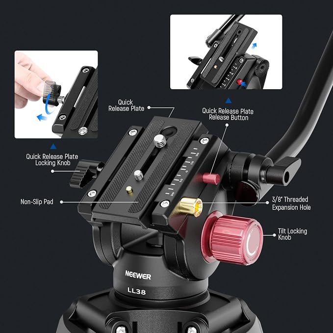 NEEWER 79"/2m Video Camera Tripod with Fluid Head, One Step Quick Release Aluminum Heavy Duty Tripod Stand with QR Plate Compatible with Canon Nikon Sony DSLR Camera Camcorder, Max Load 17.6lb, LL38 - Image 5