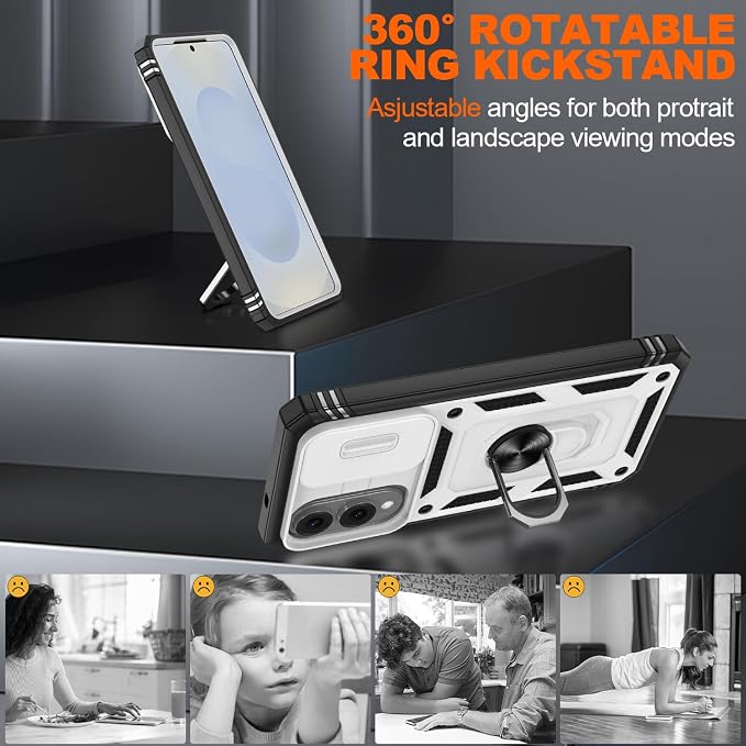 Gritup Fit for Samsung Galaxy S25 Edge Case with Slide Camera Cover | 2 Pcs Screen Protector, Build in 360° Rotating Ring Kickstand, Military Grade Protective Phone Case, White+Black - Image 8