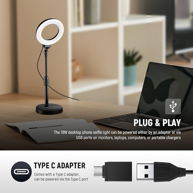 NEEWER Basics 5"/13cm Desk Ring Light with Stand, 10W LED, Black BR60 | Phone Holder Base, Compatible with iPhone, Selfie, Video Recording, Makeup, Laptop Webcam Zoom, Video Conference Lighting - Image 5