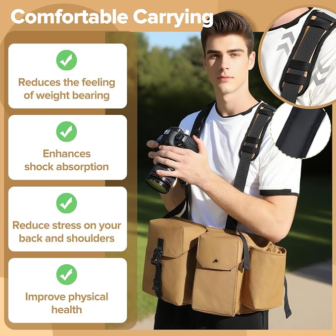 Camera Belt Camera Vest for Photographers,Vest Waist Pack for Lens | Multifunctional Camera Bag Adjustable Strap Suitable for Storing DSLR Camera Body Lens Smartphone Water Bottle(Khaki) - Image 3