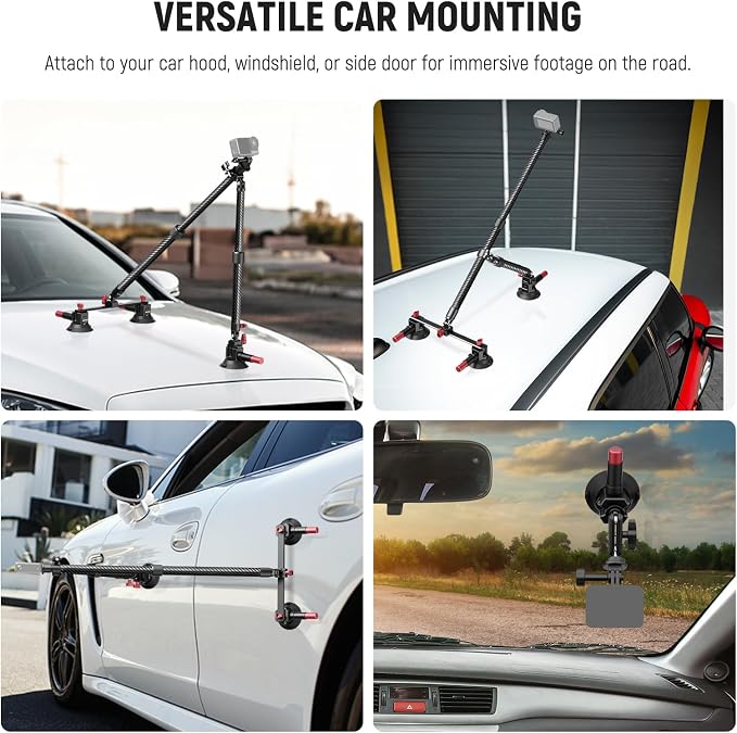 NEEWER Triple Suction Cup Car Mount Kit, Carbon Fiber Camera Mount with Action Camera Adapter, NATO Rail & 24"/60cm Extension Pole Compatible with GoPro Insta360, 2.2lb/1kg Max Load, CA136 - Image 6