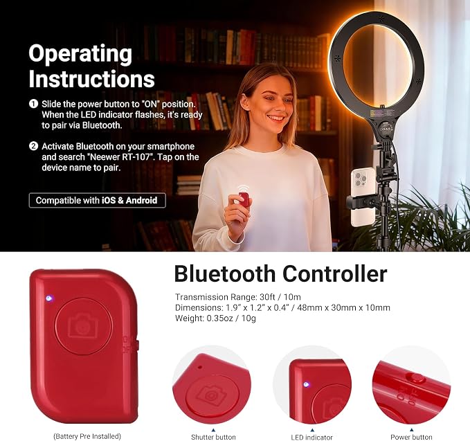 NEEWER ENTRY LEVEL VERSION 10.5" 10W Ring Light with 66" Tripod Stand, Overhead Phone Holder Mount Compatible with iPhone, Bi Color CRI85+ LED Selfie Lighting for TikTok Video Recording Streaming, N43 - Image 6