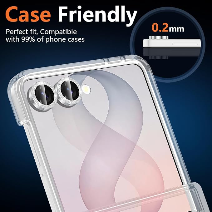 for Samsung Galaxy Z Flip 8 Camera Lens Protector, Individual Metal Ring Tempered Glass Lens Cover, [Strong Adsorption] Scratch Resistant Ultra-Thin HD Clear Lens Cover, 1 Set-Silvery Sparkly - Image 6
