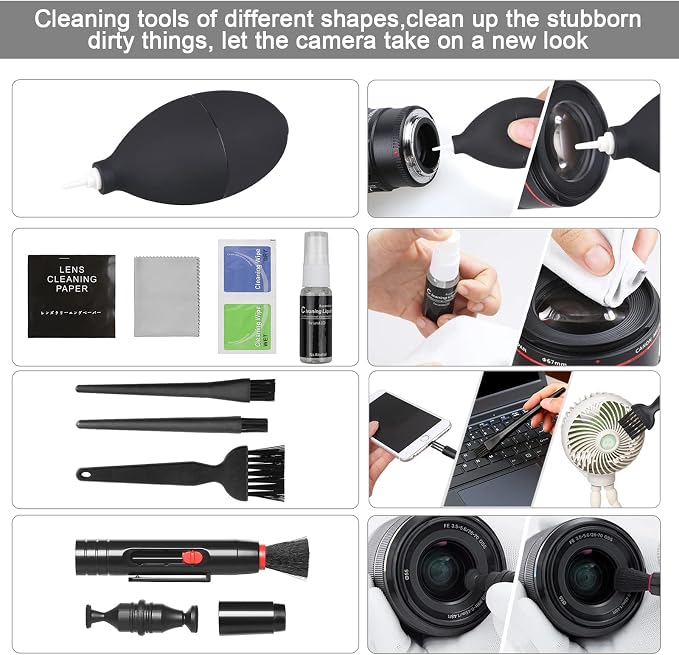 18-in-1 Professional Camera Cleaning Kit for Most DSLR Cameras (Canon, Nikon,Sony), with Air Blower/Cleaning Pen/Detergent/Cleaning Cloth/Lens Brush/Carry Case - Image 5