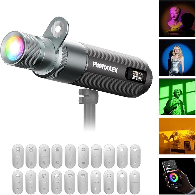 PHOTOOLEX RGB Photography Spotlight, Photography Flashlight, Optical Snoot | 360 ° Color/3500K-7000K/CRI96+/12 Effects/3 Optical Lens/12W Output/PRO, 20 Metal Gobo Filters/9000mAh/APP Control/Portable by PHOTOOLEX