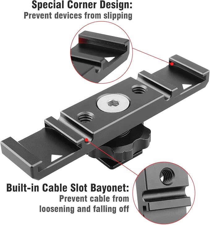 Chromlives Hot Shoe Mount Bracket Dual Hot Shoe Extension Bar Aluminum Mounting Plate Adapter Double Extension Shoe for LED Video Light Screens - Image 3
