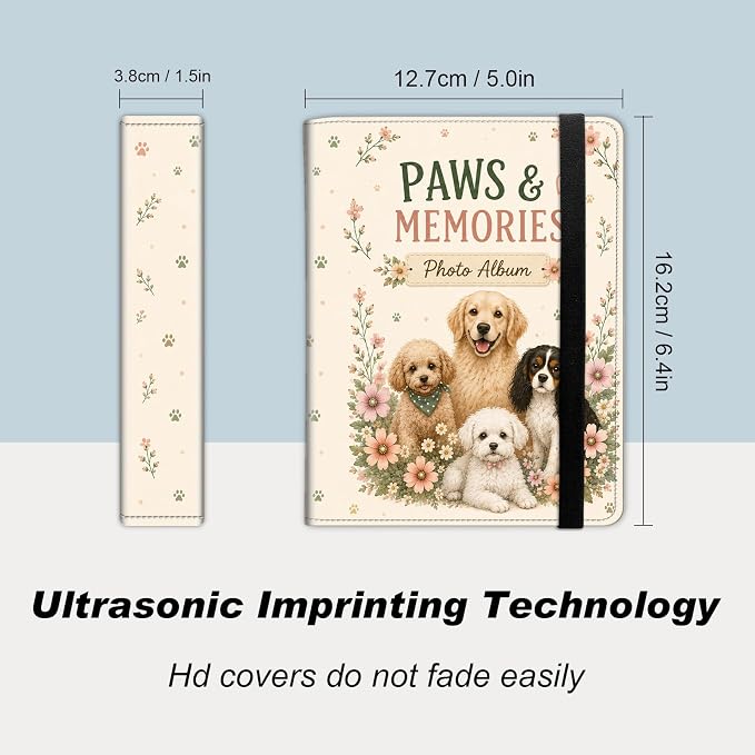 DEGDFSGR 4x6 Small Photo Album, 60 Pockets Holds 120 Photos | Slip-in pockets, black elastic band, portable for family, wedding, baby, travel photos, Cute Golden Retriever Wildflower - Image 2