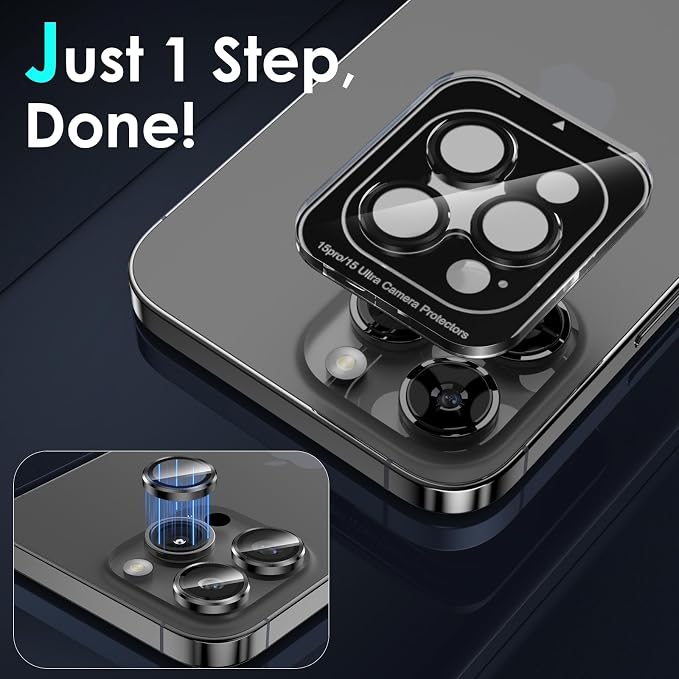 YWXTW Camera Lens Protector for iPhone 15 Pro/iPhone 15 Pro Max, [1 Step Installation Tray] Tempered Glass Screen Protector Metal Individual Camera Cover Accessories Case Friendly (Black Titanium) - Image 4