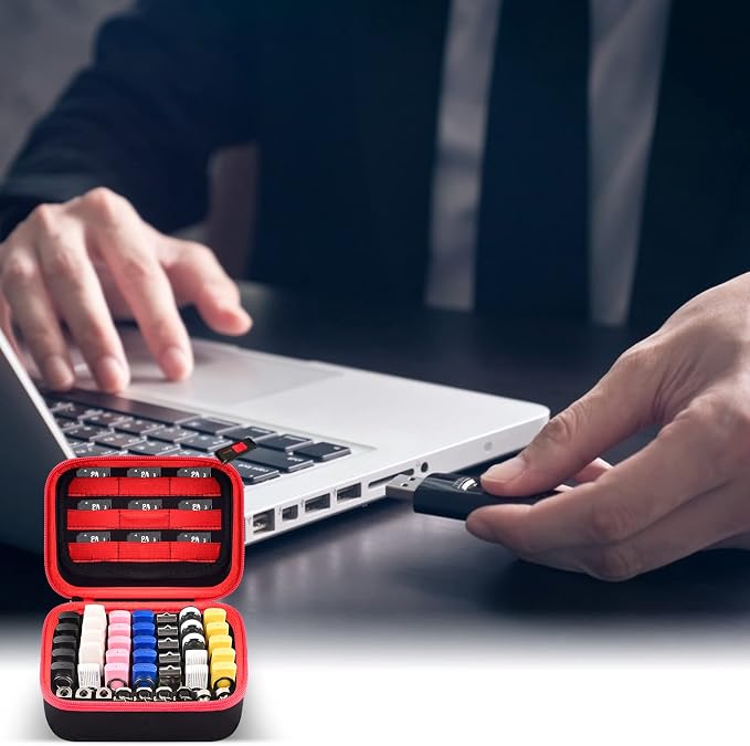 Comecase USB Flash Drive Case, Holds 44 USB Drives and 9 SD Cards | Pre-Cut Foam Fits Mixed Drive Sizes Flash Drive; EVA Shell Protects Data on the Go, Black+Red Zipper, Large, Case Only - Image 6