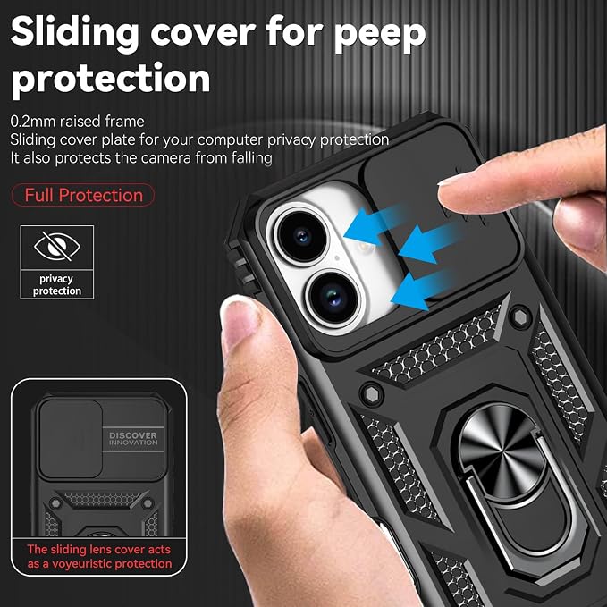 HNHYGETE for iPhone 16 Case with Screen Protector: [Military Grade 20ft. Drop Tested] Slide Camera Cover Ring Shockproof Protective Phone Case for - iPhone 16 (Black) - Image 4