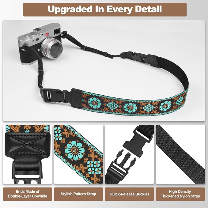 Adjustable Camera Neck Strap, Vintage Embroidered Shoulder & Crossbody Camera Strap with 4 Connection Ways, Anti-Slip Camera Strap for DSLR, Mirrorless & Camcorder, Travel & Outdoor Photography Gear - Image 5