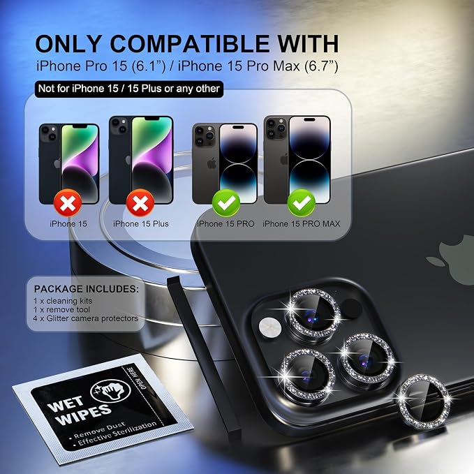 Choiche for iPhone 15 Pro/iPhone 15 Pro Max Camera Lens Protector | Ultra HD, Bling 9H Tempered Glass Camera Cover Screen Protector Metal Ring Decoration Accessories (Glitter-Black) - Image 2