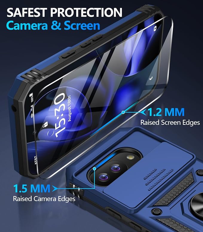 Taisairu for Google Pixel 9A Case with Screen Protector & Slide Camera Lens Cover,Built-in 360°Rotate Magnetic Ring Stand Shockproof Protective Phone Case for Google Pixel 9A Case (Blue) - Image 7