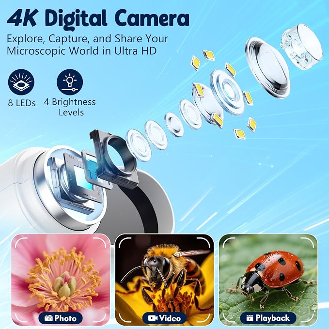 Odatay 4K 1000X Digital Microscope for Kids with 32G Card, Long Distance Viewing & 2.4" Screen Portable Handheld Edu Toys for Age 3-12 Exploring Bugs Plants at Home Classroom & Outdoor Travel, White - Image 3