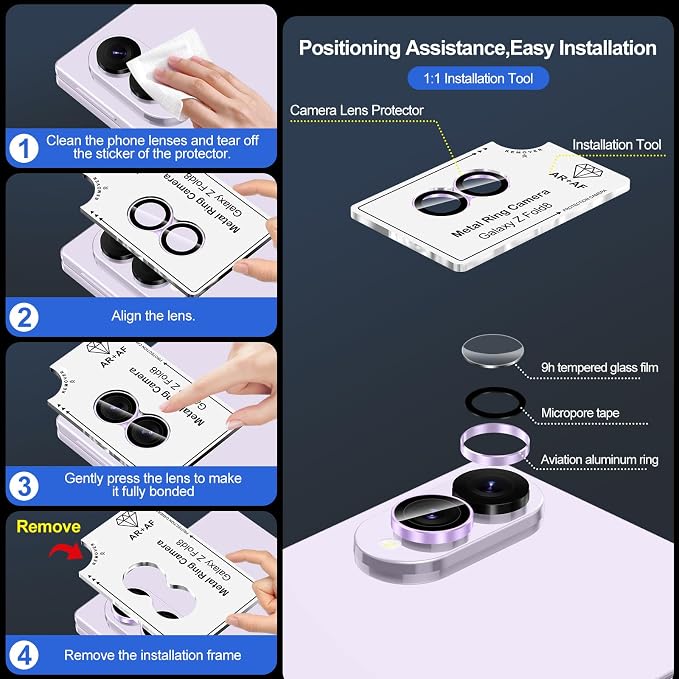 for Samsung Galaxy Z Fold 8 Camera Lens Protector, Individual Metal Ring Tempered Glass Lens Cover, [Strong Adsorption] Scratch Resistant Ultra-Thin HD Clear Lens Cover, 1 Set-Purple Ring - Image 7