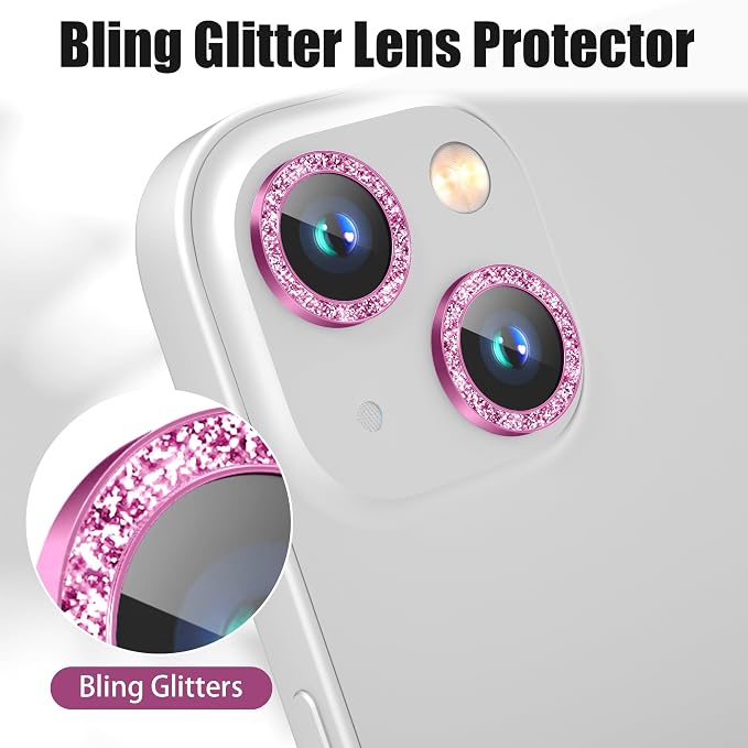 AGVEE 3+3 6 Pack for iPhone 15/15 Plus Camera Lens Protector Cover | Individual Bling Diamond & Bling Glitter Sparkle Cute Gem Metal Ring, 9H Tempered HD Glass - Image 5