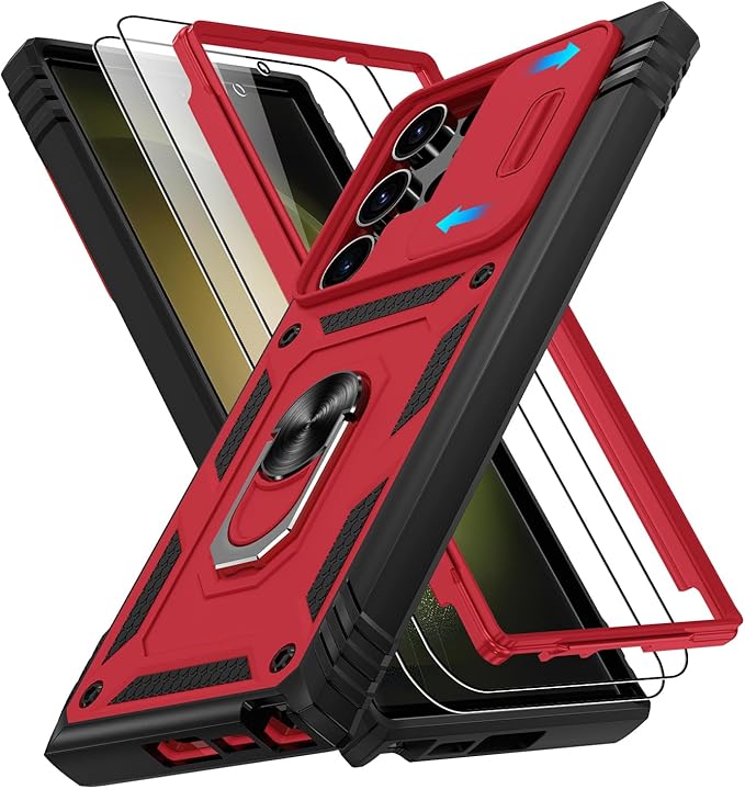 Gritup for Samsung Galaxy S23 Ultra Case with 2PCS Screen Protector, Build in 360° Rotating Ring Kickstand, Military Grade Protective Case for S23 Ultra Phone, Red+Black by Gritup