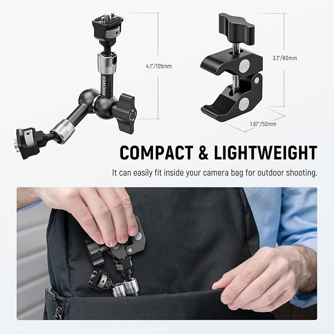 NEEWER 7" Articulating Magic Arm Clamp Mount with Super Clamp, Camera Monitor Mount with 1/4" 3/8" ARRI Locating Pins & Holes for DSLR Action Camera Video Light Compatible with SmallRig Cage, ST07C - Image 6