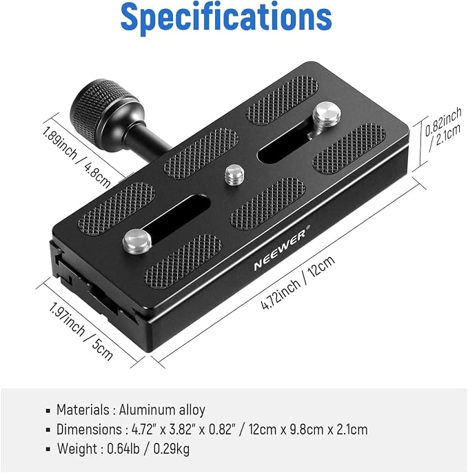 NEEWER Quick Release Plate with Clamp Adapter Set, 120mm QR Plate with Clamp, 3/8"&1/4" Screw, Bubble Level, 3/8” to 1/4” Screw Adapter, Compatible with Arca Swiss Tripod Monopod Ball Head - Image 8