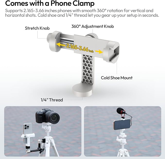 ULANZI Ombra Ⅱ Camera Travel Tripod White, 61.5" Aluminum Tripod Foldable with UKA Quick Release Plate for Phone Sony Canon, Video Shooting Vlogging Portable Stand w Phone Clamp Holder Carry Bag - Image 7