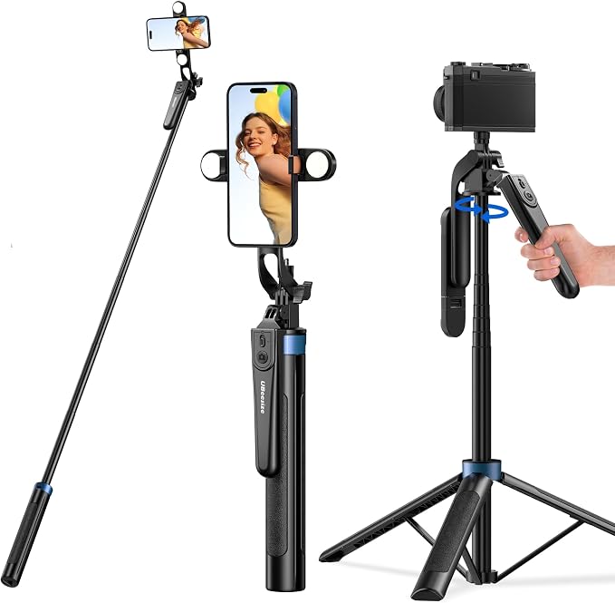 UBeesize 64'' Extendable Selfie Stick Tripod with Light & Remote | Compatible with iPhone, Android, GoPro & Camera, 360° Rotation & 270° Tilt, Foldable Design, Vlogging & Video Recording by UBeesize
